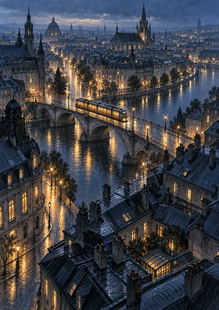 Illuminated elevated tram crossing a multi-arched stone bridge over a reflective river, with dense rooftops and amber-lit windows.