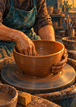 Craftsperson’s clay-covered hands shaping a large wet bowl on a pottery wheel in a warmly lit studio.