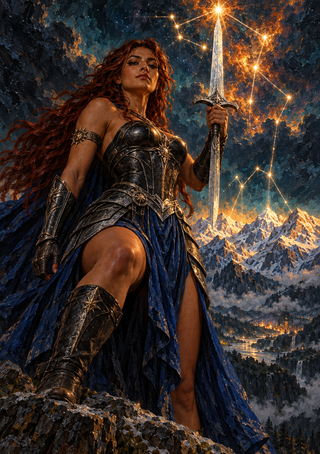 Red-haired armored woman holding an upright sword before snowy mountains and a glowing starry sky.