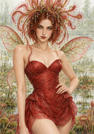 A red-haired fairy in a crimson dress stands in a wetland with translucent wings and a droplet-tipped plantlike crown.
