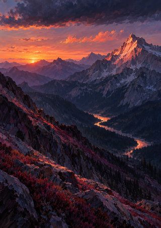 A rose-gold-lit mountain peak rises above a dark alpine valley as a reflective river winds toward a low sunset beneath storm clouds.