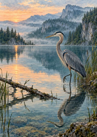 Great blue heron stands in shallow water beside reeds and a fallen branch, reflected beneath misty forested cliffs at dawn.