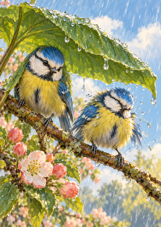 Two blue-and-yellow birds perch beneath a large rain-covered green leaf as droplets fall beside pink blossoms.