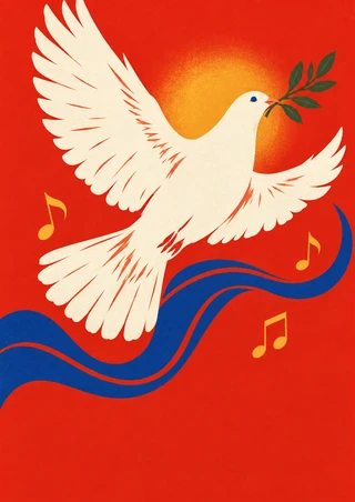 Ivory-white dove carrying a leafy sprig above a curling blue wave and three gold musical notes on a vermilion-red background.