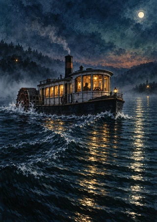 Dark riverboat with a glowing cabin and rear paddle wheel moving through moonlit water with distant shoreline lights.