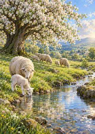A lamb drinks from a stream beside an adult sheep beneath a flowering tree as other sheep graze in a spring meadow.