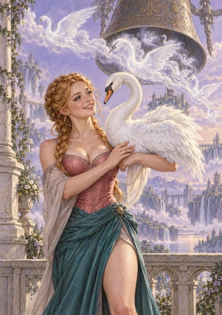 A woman in a rose bodice and teal skirt holds a white swan beneath a huge suspended bell, with flying swans and a pale city behind her.