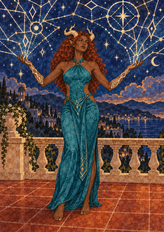 Horned woman with red hair in a teal gown stands on a tiled terrace beneath a gold celestial pattern in a deep-blue night sky.