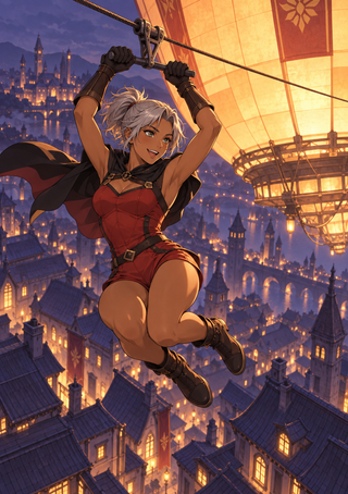 Anime-style woman in a red outfit and dark cape grips a diagonal cable above a lantern-lit city at dusk, with a glowing structure in the sky.