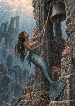 Mermaid holding a rope beside a large bell on a weathered underwater tower, with small fish, coral-like growth and distant submerged arches.