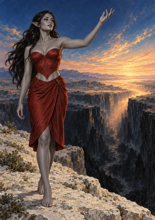 A pointed-eared woman in a red corset and draped skirt stands on a rocky ledge above a canyon at sunrise.
