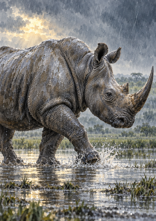 Close side view of a gray rhinoceros stepping into a splash in shallow rainwater, with grasses and wetland behind it.