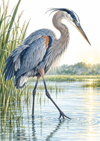 Blue-gray heron stepping through shallow marsh water, with reeds at left and pale sunlight at right.