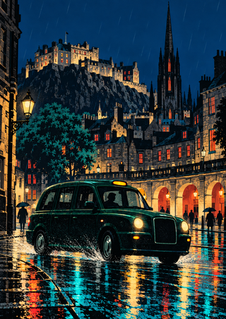 A dark green taxi turns through rain and teal reflections beneath a hilltop castle silhouette and Gothic spire, with a lit stone arcade behind it.