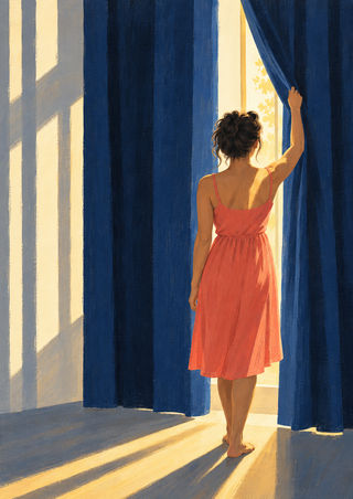 A woman seen from behind in a coral sleeveless dress opens dark blue curtains as warm sunlight falls across the floor.