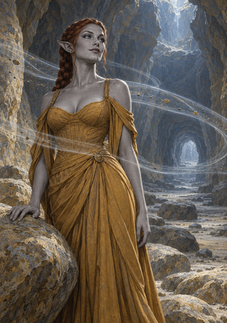 Pointed-eared woman in an ochre-gold gown rests a hand on a boulder as glowing lines and small stones circle her in a rocky passage.