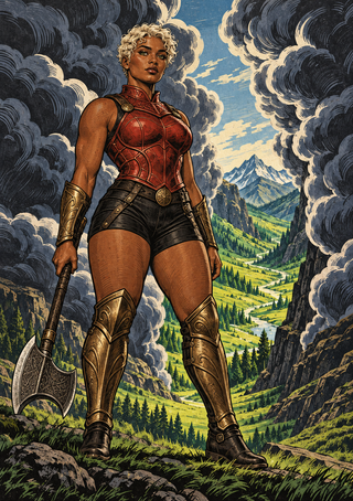 Armored blond fantasy warrior holding a double-edged axe before a green mountain valley beneath dark clouds.