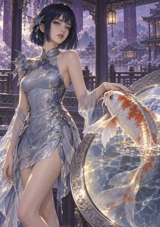 Anime-styled woman in a silver-blue dress beside an orange-and-white koi rising above a circular basin.