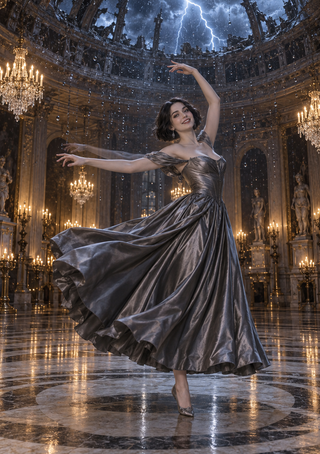 A woman in a flowing silver-gray gown dances in a circular hall beneath a lightning-lit open dome, with chandeliers and statues.