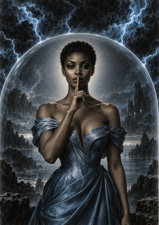 A woman in a blue-gray gown holds a finger to her lips inside a glowing circular boundary amid lightning, clouds, cliffs, and a lake.