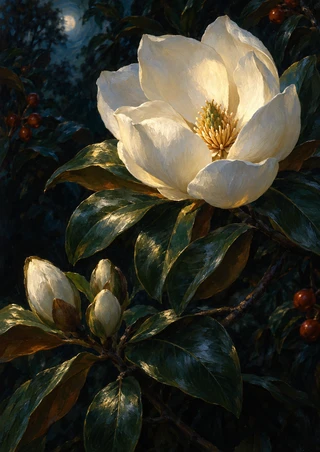 Luminous ivory magnolia-like flower with a golden center among dark green leaves, unopened buds, and red-brown berries.