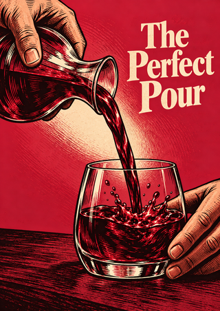 A hand pours dark ruby-red liquid from a glass carafe into a low tumbler, with a second hand steadying the glass.