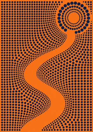 Midnight-blue dots on vivid orange ground curve around a winding orange path leading to concentric dotted rings.
