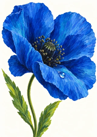 Large cobalt-blue poppy with layered petals, dark central capsule, stamens, a bright water droplet, and green leaves on a light background.