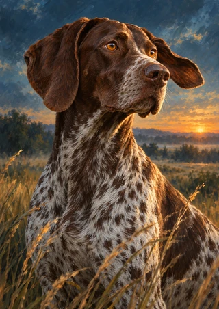 Alert brown-and-white pointer-type dog with floppy ears in golden grasses, looking right against a blue-green field at sunset.