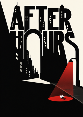 Black AFTER HOURS typography forms a cityscape beside a streetlamp casting ruby-red light over a small white paper boat.