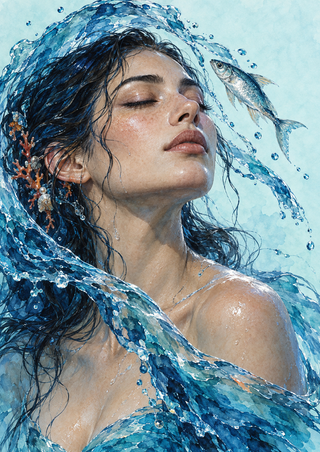 A closed-eyed woman tilts her face upward as blue water curls around her hair and a small silver fish floats beside her head.