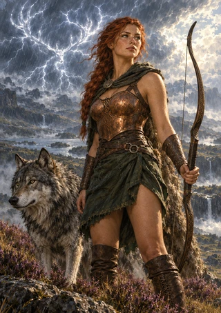 Red-haired woman in rustic fantasy armor holding a curved bow beside a gray wolf, with lightning and a sunlit mountain valley behind them.
