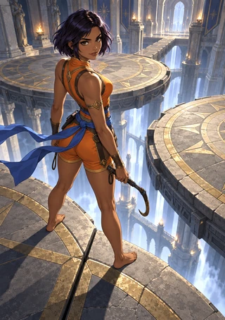 Anime-style woman in orange with a blue sash holding a curved blade on a circular platform inside a blue-lit temple.