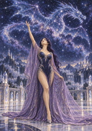 A woman in a purple gown gestures toward a dragon-shaped constellation above crystal-like towers on a reflective terrace.