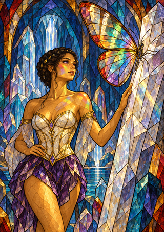 Fantasy woman in a gold-and-white bodice reaching toward a large butterfly among colorful faceted crystal forms.