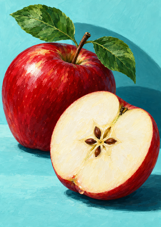 Whole glossy red apple behind a cut half showing pale flesh and brown seeds, with green leaves against an aqua background.