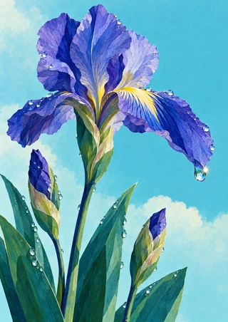 Large violet-blue iris-like flower with two buds and rain beads against a pale turquoise background.