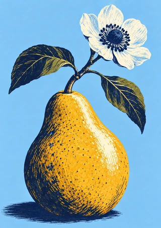 A golden pear connected by a curved stem to a white flower with a dark center, two leaves, and a blue shadow on a pale-blue background.