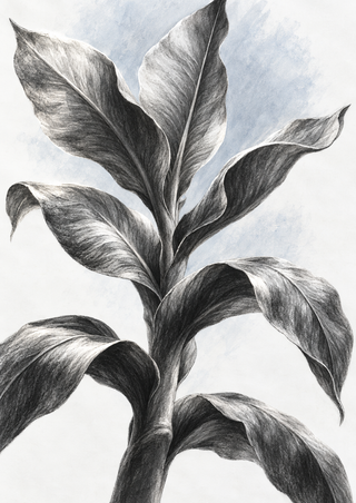A monochrome leafy plant with a thick cropped stem and long curved leaves against a light ground with a subtle cool wash.