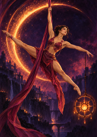 Aerial silk performer in a wide split pose, framed by a glowing arc above a dark cityscape with a hanging lantern.