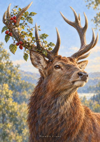 Three-quarter portrait of a russet stag with red berries, white blossoms, and green bramble leaves woven through one antler.