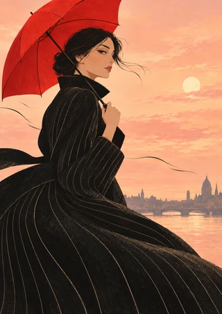 Adult woman with a large red umbrella and sweeping black pinstriped coat against a warm sky and waterfront skyline.