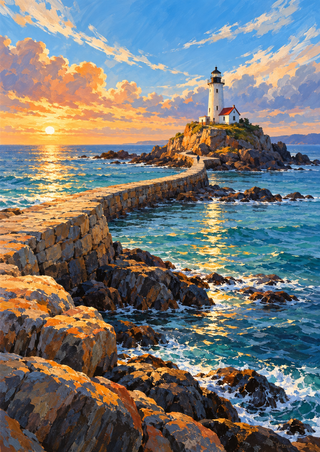 A stone causeway crosses turquoise sea toward a lighthouse and buildings on a rocky island at sunset, with rocky ledges in the foreground.