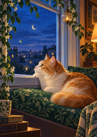 Fluffy ginger-and-white cat reclining on a green window seat and watching a firefly outside beneath a crescent moon.