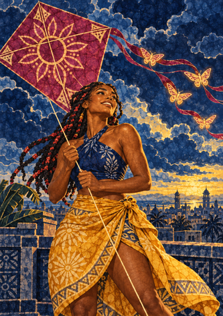 A woman holds a patterned kite while golden butterfly-like shapes trail across a cloudy sky above a city.