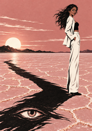 Woman in a white suit on a pink salt flat with a long black shadow forming a large eye, distant mountains, and a low sun.