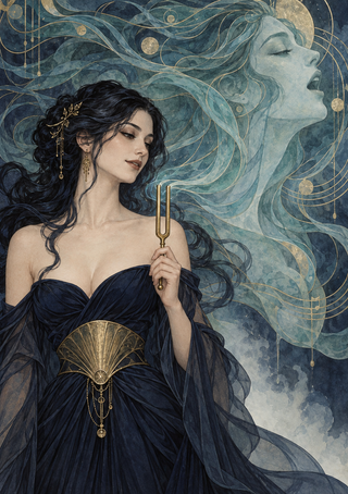 Woman in a navy gown holding a small gold fork-shaped object before a large translucent singing profile and decorative flowing lines.