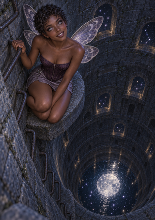 Dark-skinned winged woman crouches on a ledge inside a deep stone well above a starry reflective pool.