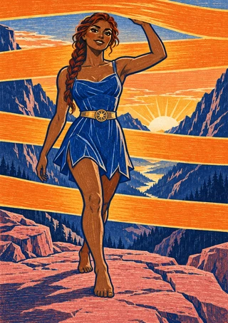 Barefoot woman in a blue dress with a sun-emblem belt stands before an orange sunrise over a mountain valley.