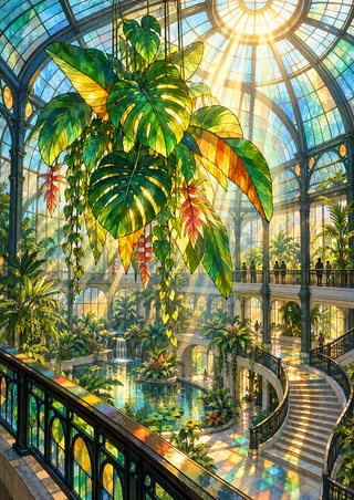 Large tropical leaves hang inside a glass conservatory atrium beneath a bright skylight, with galleries, water features, and tiny visitors.
